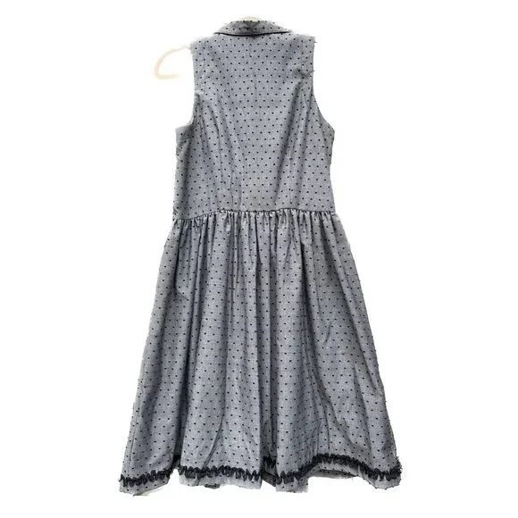 Vintage Dotted Dress with pockets & black pleated trim ~ Gray & Black - Picture 2 of 11